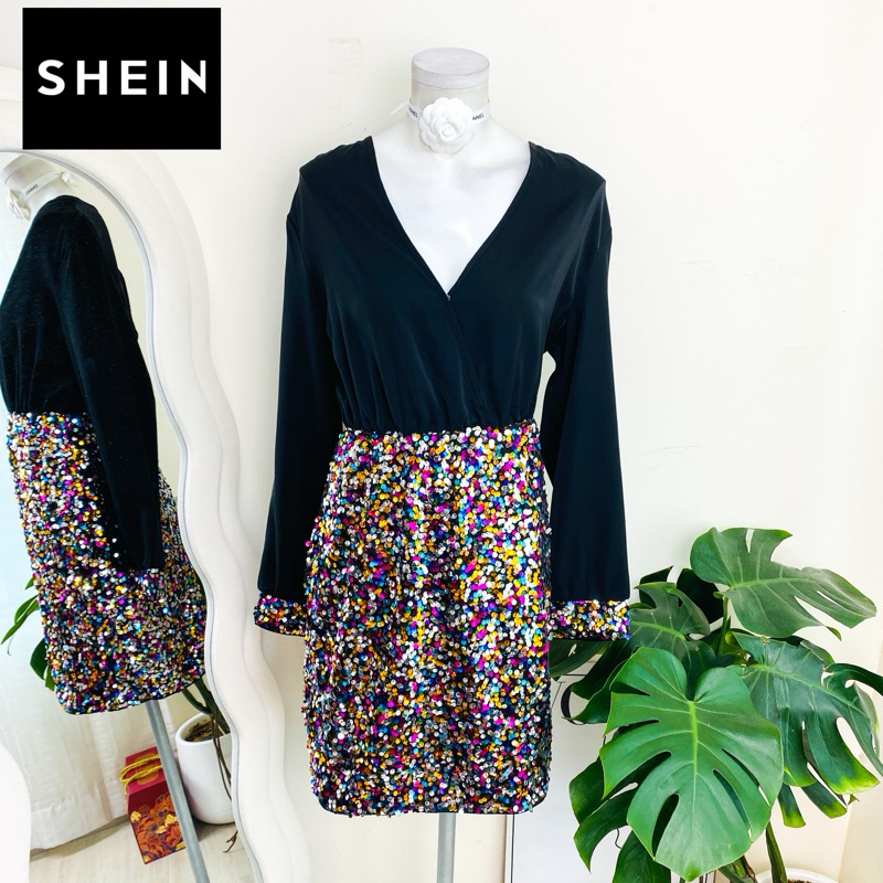 ไซด์ XL แบรนด์ Shein แท้ 100%🌸เดรส งานเกล็ดวิบวับ สีรุ้ง ใส่ออกงาน ทรงเข้ารูป เดรสออกงาน ชุดปาร์ตี้