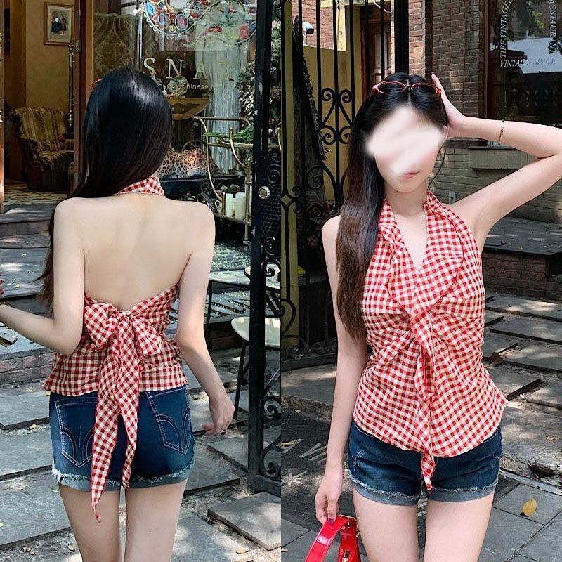 เสื้อครอป คล้องคอ สก็อตเเดง CN2935 สินค้าพร้อมส่งในไทย