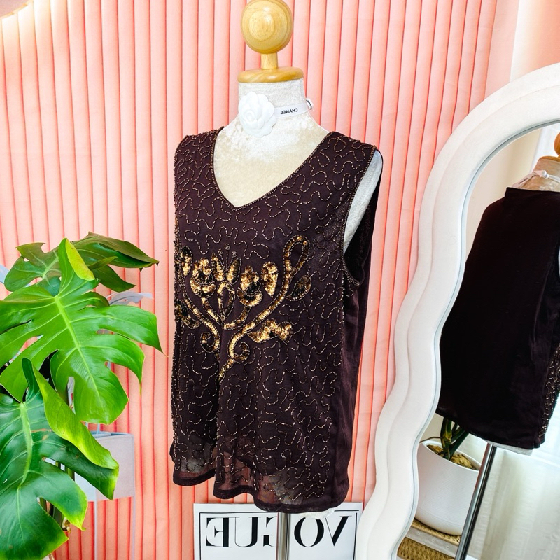 ไซด์ XL แบรนด์ Laura แท้ 100%🌸เสื้อ ปักปล้อง ทรงครอป งานเกล็ดวิบวับ สีน้ำตาล ใส่ออกงาน ปาร์ตี้ ชุดออกงาน ชุดปาร์ตี้