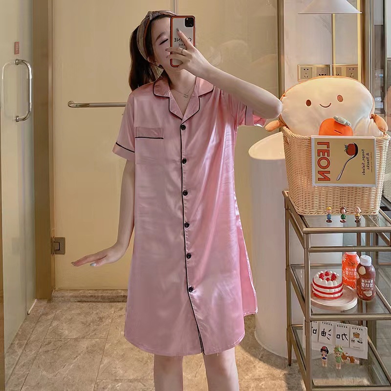 ชุดนอน แขนสั้น เดรสซาติน รหัส SL056