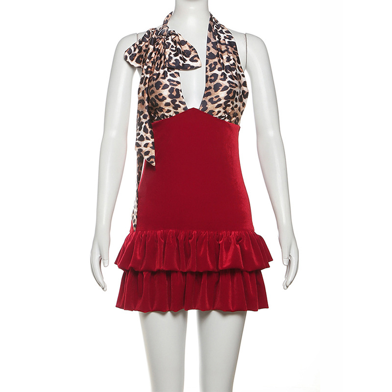 ชุดเดรส ลายเสือ สีแดงกำมะหยี่ CN58543