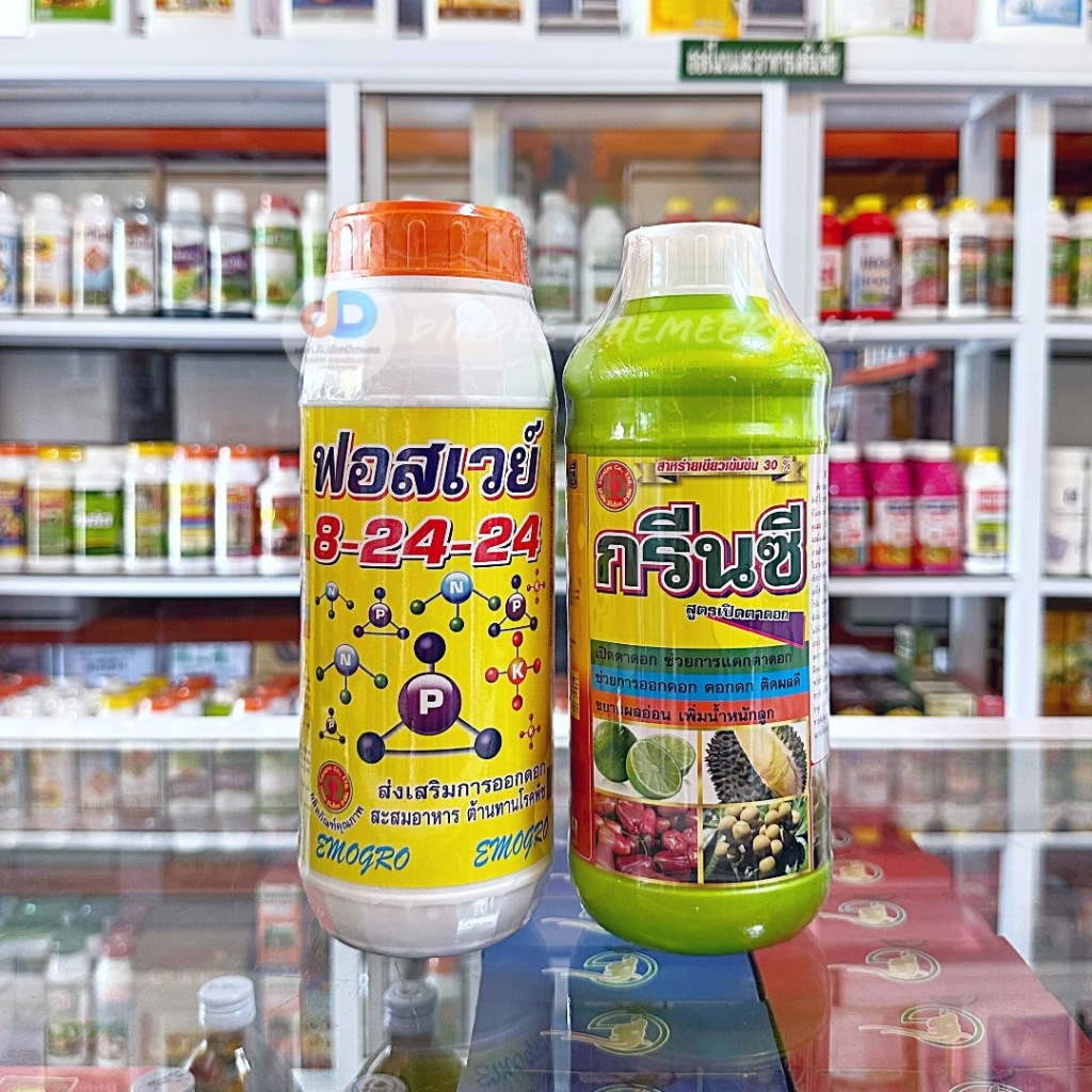 (ชุด2ขวด) ปุ๋ยน้ำฟอสเวย์ 8-24-24 ขนาด1 ลิตร ส่งเสริมการออกดอก+กรีนซี-สาหร่ายเขียวเข้ม 30% สูตรเปิดตาดอก