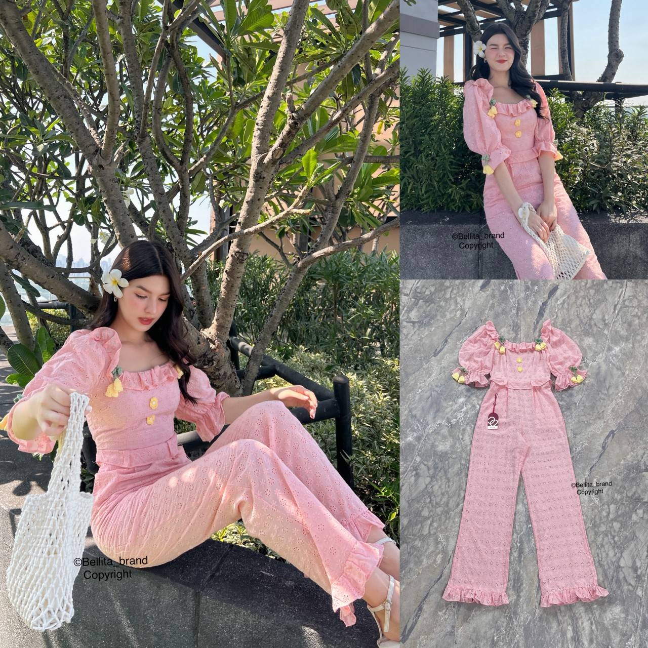 🍒 S 🍒 ป้าย Bellita จั๊มกางเกงขายาวผ้าลายฉลุสีชมพู