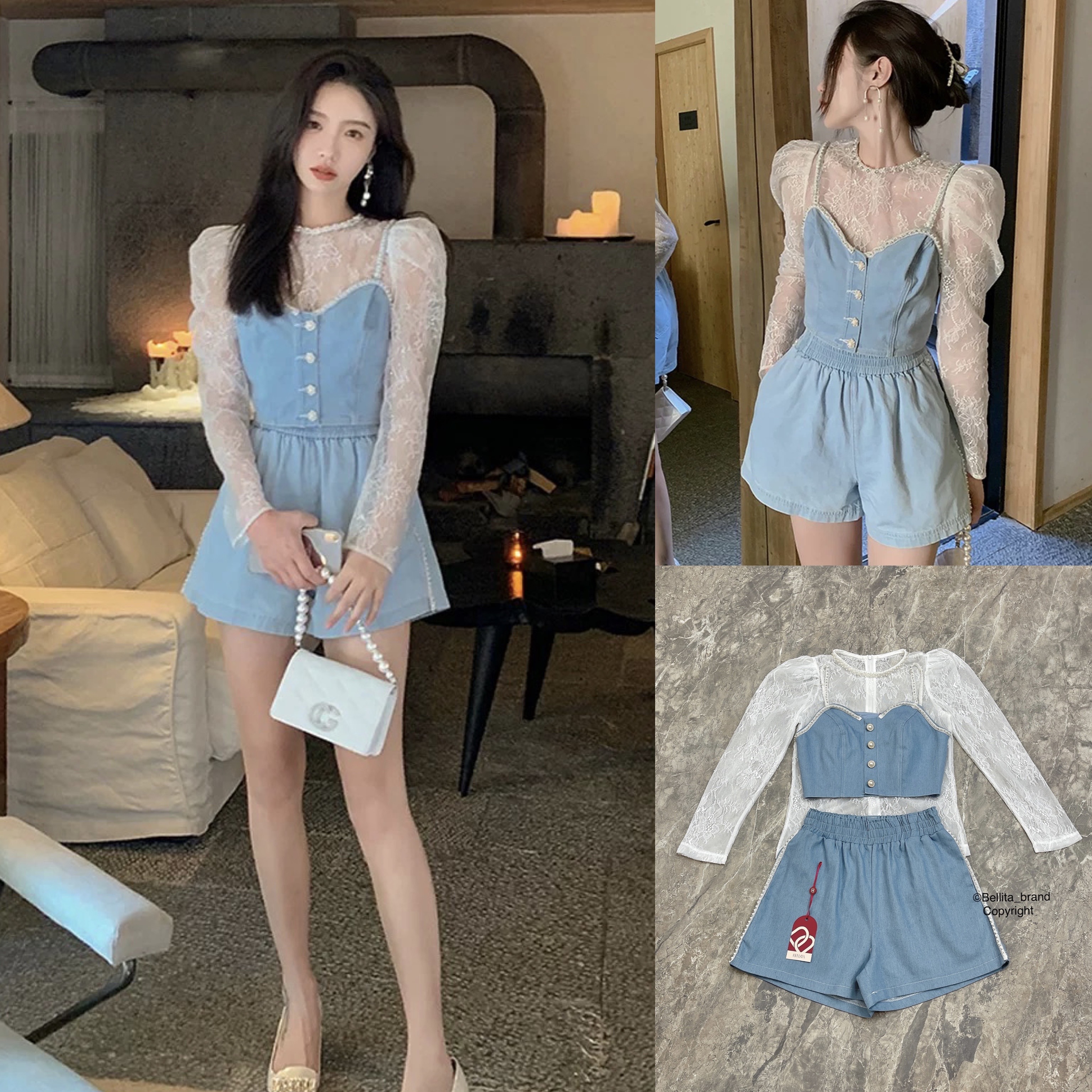 🍒 S 🍒 ป้าย Bellita เซ็ทยีนกางเกง 3 ชิ้น เสื้อลูกไม้สีขาวครีมตัวใน