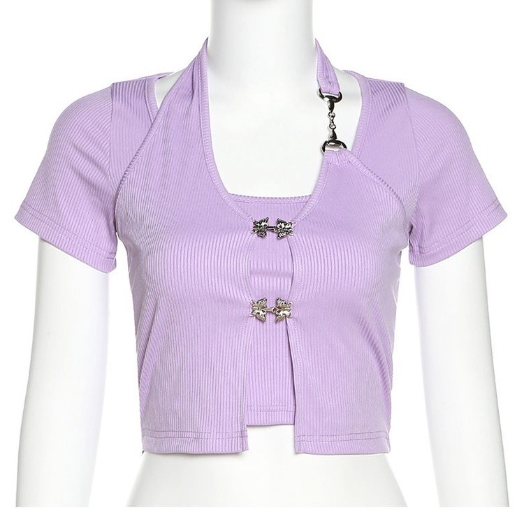 เสื้อยืดแขนสั้น แต่งสายโซ่ สไตล์เกาหลี CN1193