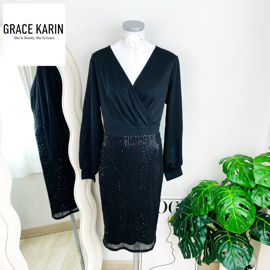 ไซด์ L มือ1 แบรนด์ Grace Karin แท้ 100%🌸เดรส คอวี แขนยาว งานเกล็ดวิบวับ สีดำสนิท ใส่ออกงาน เดรสออกงาน ชุดปาร์ตี้