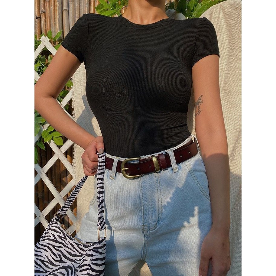 เสื้อครอป CROP เอวลอย แขนสั้น ผ้าร่องเล็ก CN1178