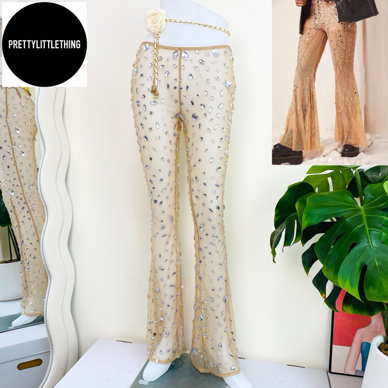 แบรนด์ PrettyLittlething แท้ 100%🌸กางเกง ซีทรู ปักเพชร เอวสูง งานเกล็ดวิบวับ สีนู๊ด ใส่ออกงาน ชุดออกงาน ชุดปาร์ตี้