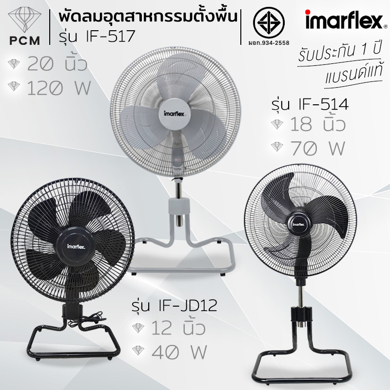 IMARFLEX (PCM) พัดลมอุตสาหกรรมตั้งพื้น ขนาด 20 นิ้ว(สีเทา) รุ่น IF-517 ขนาด 18 นิ้ว(สีดำ) รุ่น IF-514 ขนาด 12 นิ้ว IF-JD12