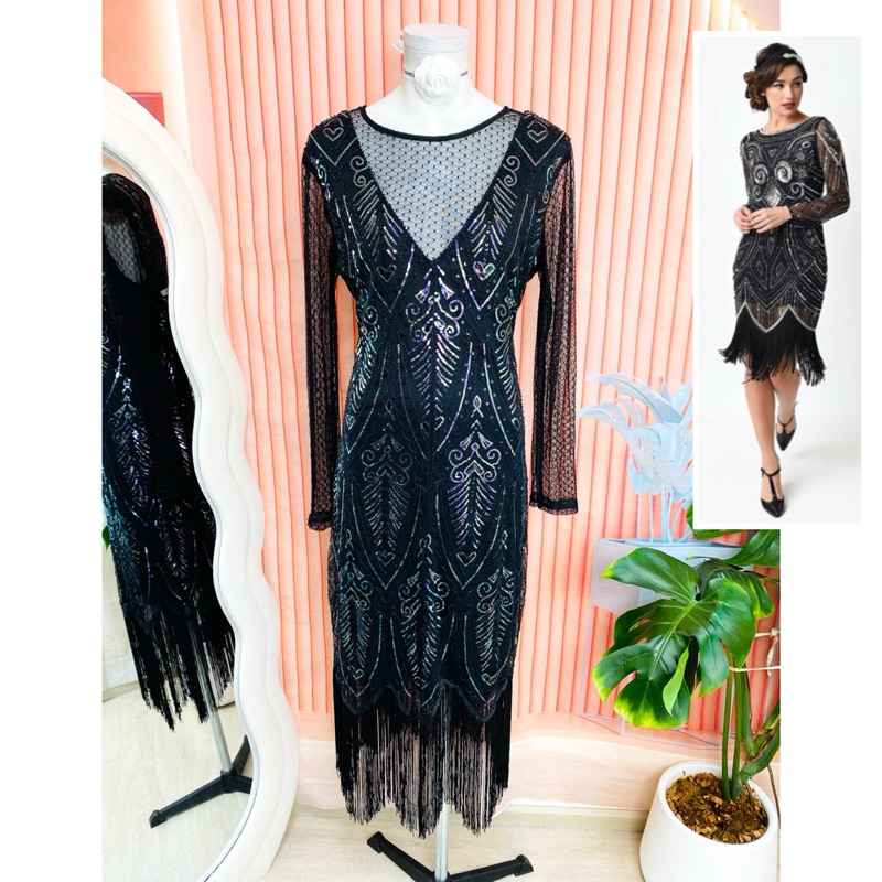 ไซด์ XL แกสบี้ แขนยาวซีทรู เดรส Gatsby งานเกล็ดวิบวับ สีดำ ใส่ออกงาน ชุดราตรีแกสบี้ เดรสออกงาน ชุดปาร์ตี้
