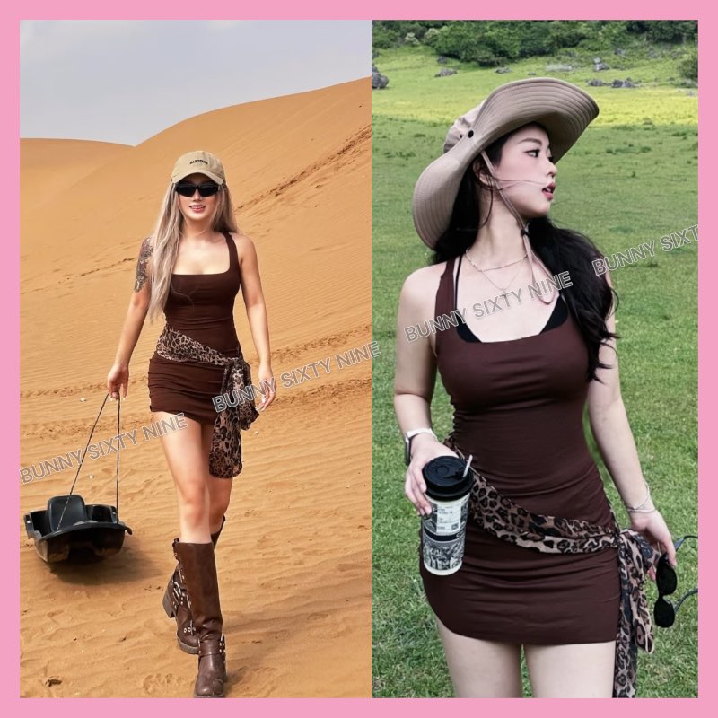 เดรสเข้ารูป น้ำตาล คาวบอย สายผูกเอว CN2938 พร้อมส่งในไทย