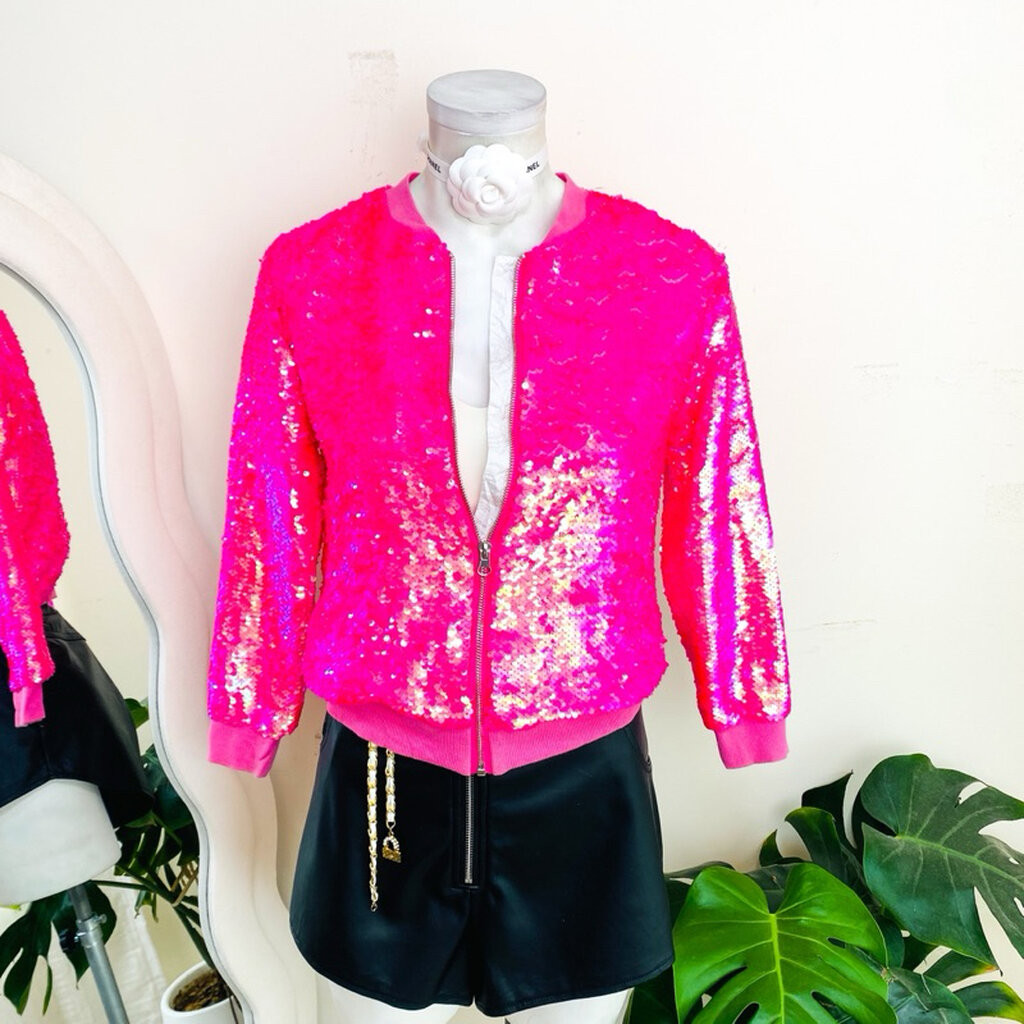 ไซด์ XS-S แบรนด์ JoJo แท้ 100%🌸แจ็คเก็ต Jackets เบสบอล เสื้อคาร์ดิแกน งานเกล็ดวิบวับ สีชมพูนีออน ใส่ออกงาน ชุดปาร์ตี้