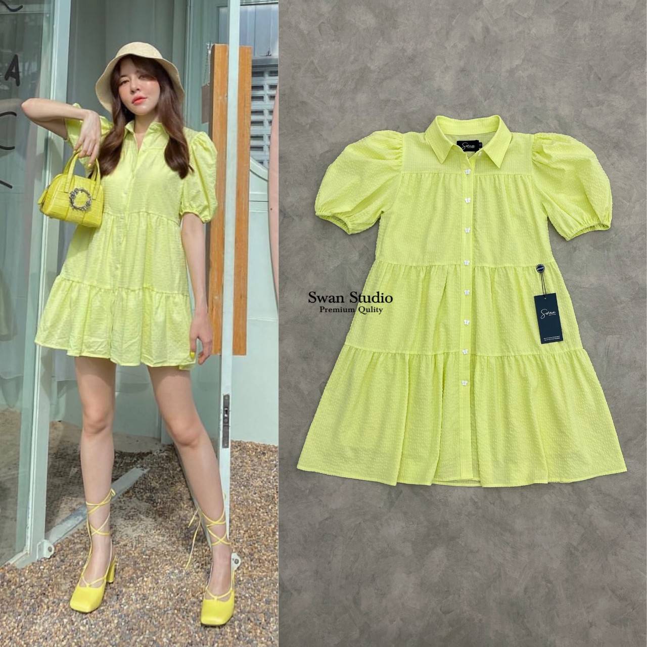 🌸 XS 🌸SWAN เดรสทรง oversize พรางหุ่นใส่สบาย ตัดตับเป็นชั้นพร้อมจับจีบนิดๆ