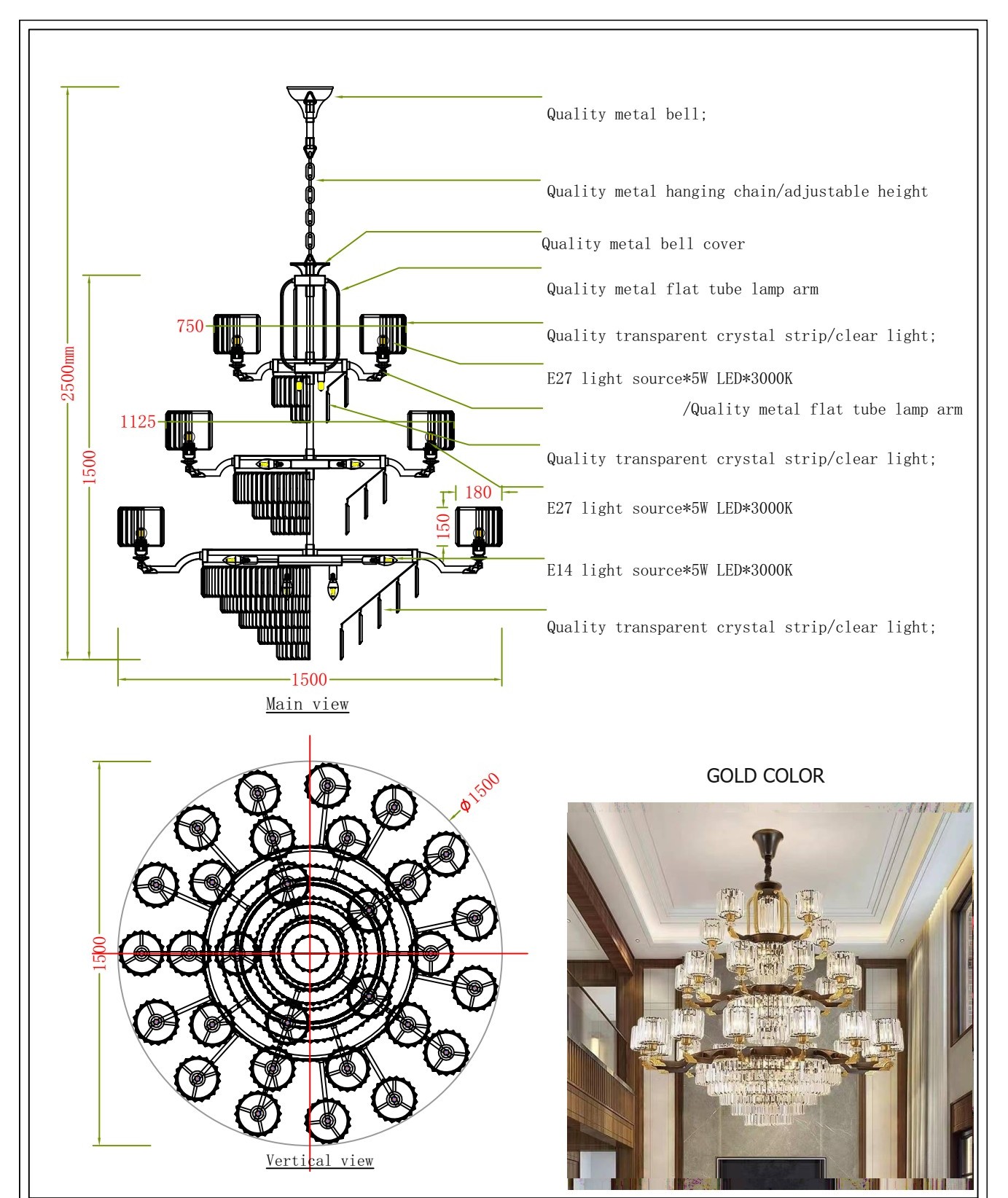 โคมไฟระย้า Chandelier Luxury Design Metal Gold + Clear Crystal 3 layers IP20