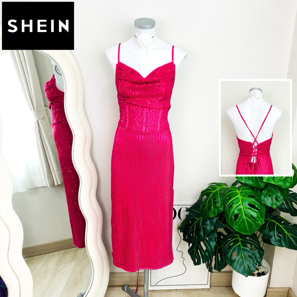 ไซด์ L แบรนด์ Shein แท้ 100%🌸เดรส สานหลัง งานเกล็ดวิบวับ สีชมพู ใส่ออกงาน ทรงเข้ารูป เดรสออกงาน ชุดปาร์ตี้