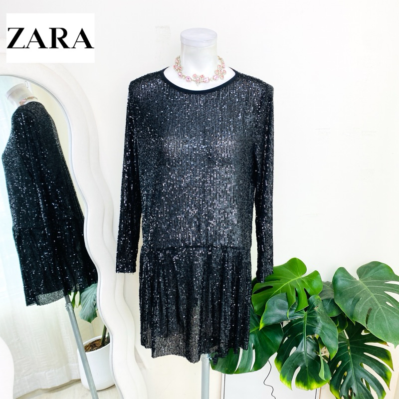 ไซด์ L แบรนด์ ZARA แท้ 100%🌸เดรส ซีทรู งานเกล็ดวิบวับ สีดำ ใส่ออกงาน ทรงเข้ารูป เดรสออกงาน ชุดปาร์ตี้(18)