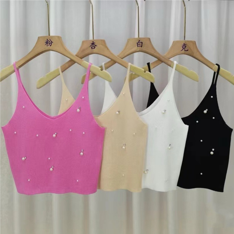 เสื้อครอป ไหมพรม ปักมุกเพชร (ชมพู ,ดำ , ขาว ) รหัส GB001