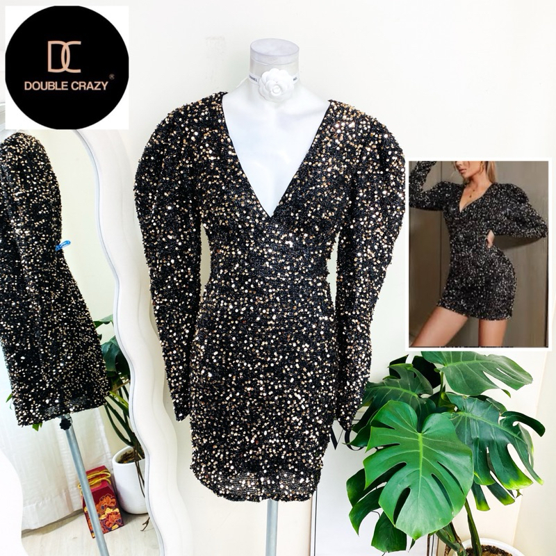 ไซด์ XL แบรนด์ DC แท้ 100%🌸เดรส ขนมิ้ง แขนอลัง งานเกล็ดวิบวับ สีทอง ใส่ออกงาน ทรงเข้ารูป เดรสออกงาน ชุดปาร์ตี้
