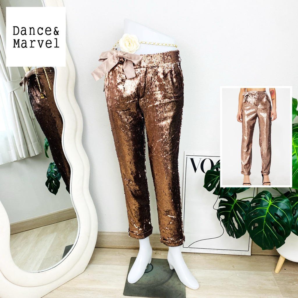ไซด์ S-M แบรนด์ dance&mar แท้ 100%🌸กางเกง ผูกโบว์เอว เอวสูง งานเกล็ดวิบวับ สีคอปเปอร์ ใส่ออกงาน ชุดออกงาน ชุดปาร์ตี้