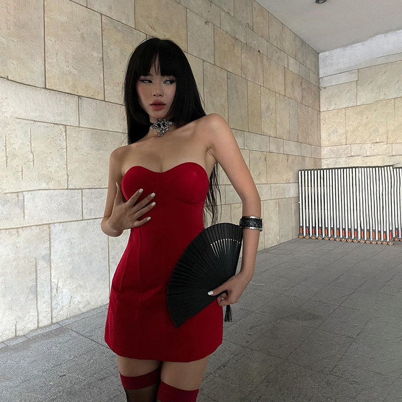 ชุเดรส เกาะอก แดง สายฝอ เซ็กซี่ รหัส CN56134