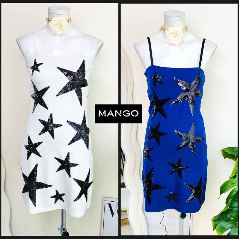 ไซด์ M แบรนด์ mango แท้ 100%🌸เดรสงานเกล็ดวิบวับ สีขาว/น้ำเงิน ใส่ออกงาน ทรงเข้ารูป เดรสออกงาน(271)