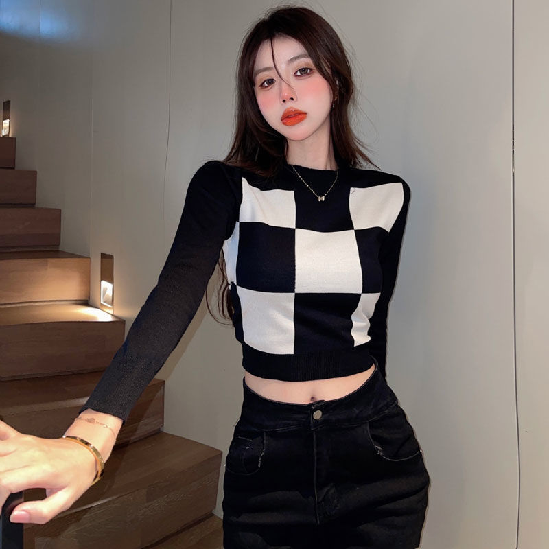 เสื้อแขนยาว ไหมพรม ครอปตาราง รหัส A308