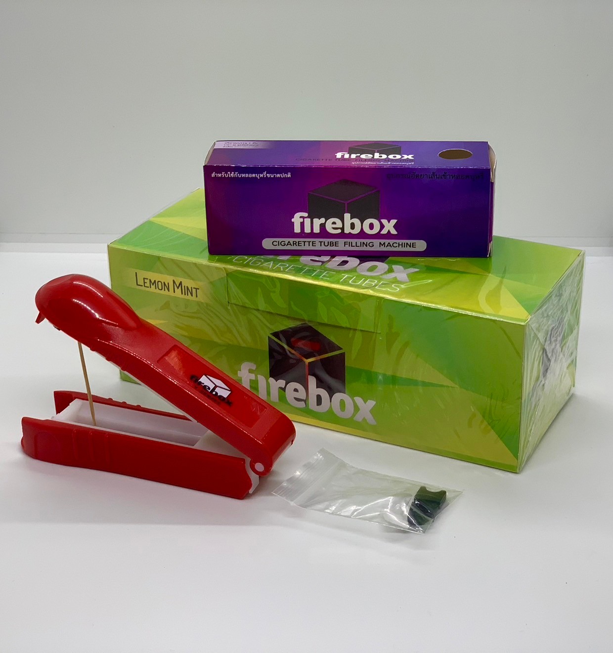 Firebox ก้นกรองบุหรี่ รุ่นร้อนมะนาวมิ้น บรรจุ 250 มวน + เครื่องอัดมือ คละสี
