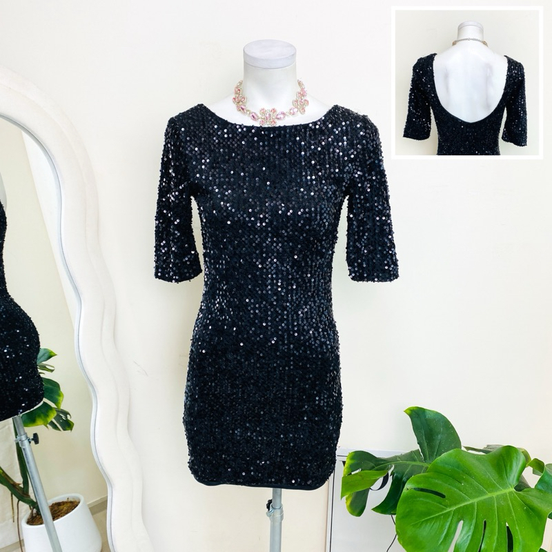 ไซด์ XS แบรนด์ INC แท้ 100%🌸เดรส กำมะหยี่ งานเกล็ดวิบวับ สีดำสนิท ใส่ออกงาน ทรงเข้ารูป เดรสออกงาน ชุดปาร์ตี้