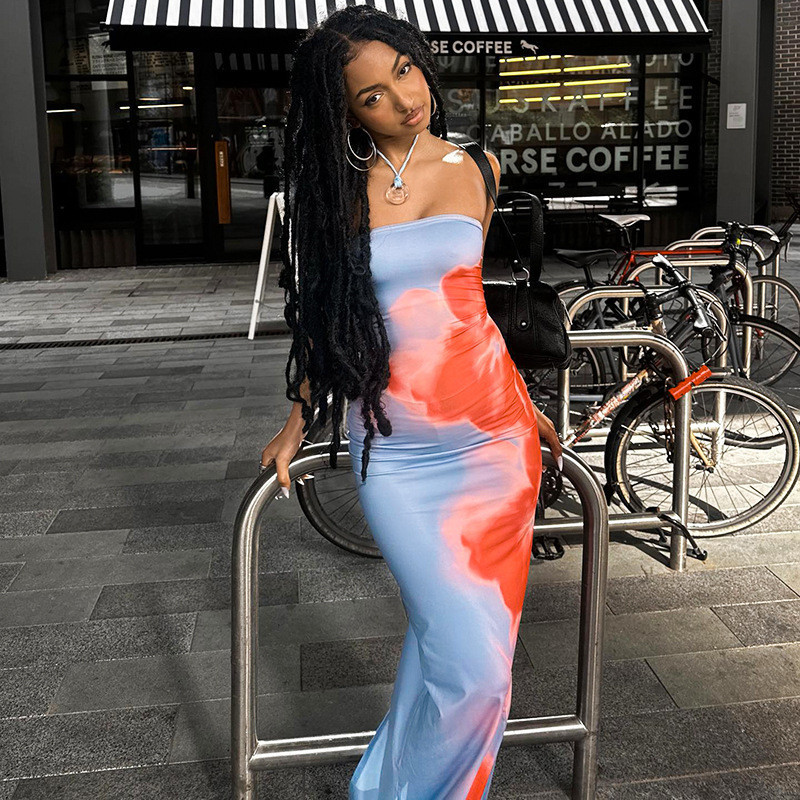 เดรสเกาะอก เดรสยาว สายฝอ พิมพ์ลายดอกไม้ GB430422