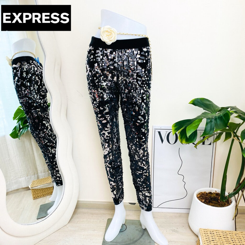 ไซด์ XS แบรนด์ Express แท้ 100%🌸กางเกง เอวสูง ผ้ากำมะหยี่งานเกล็ดวิบวับ สีดำ/เงิน ใส่ออกงาน ชุดออกงาน ชุดปาร์ตี้