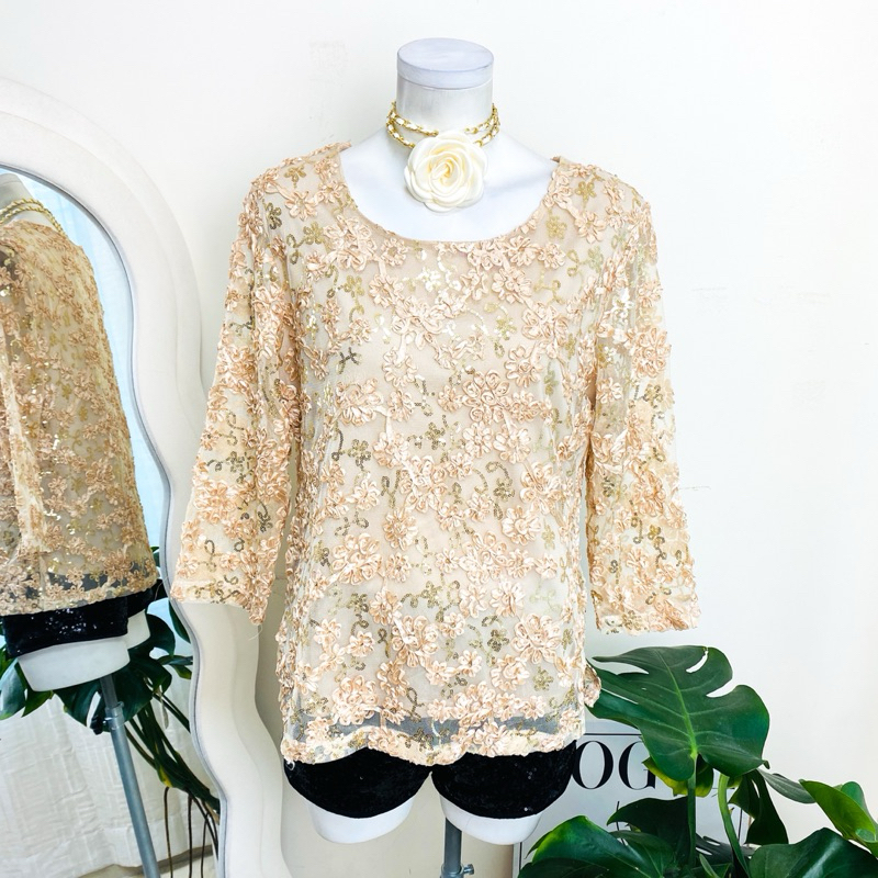 ไซด์ L แบรนด์ Shannon แท้ 100%🌸เสื้อ ปักลูกไม้นูน ครอป งานเกล็ดวิบวับ สีโรสโกล ใส่ออกงาน ชุดออกงาน ชุดปาร์ตี้ วันเกิด(b)