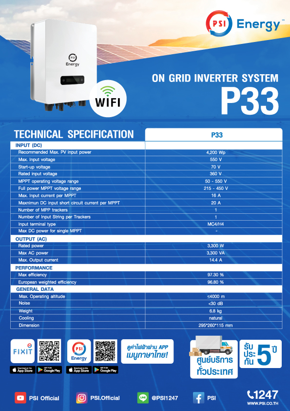 ชุดโซล่าเซลล์ PSI รุ่น P33 ขนาด 3.3 KW