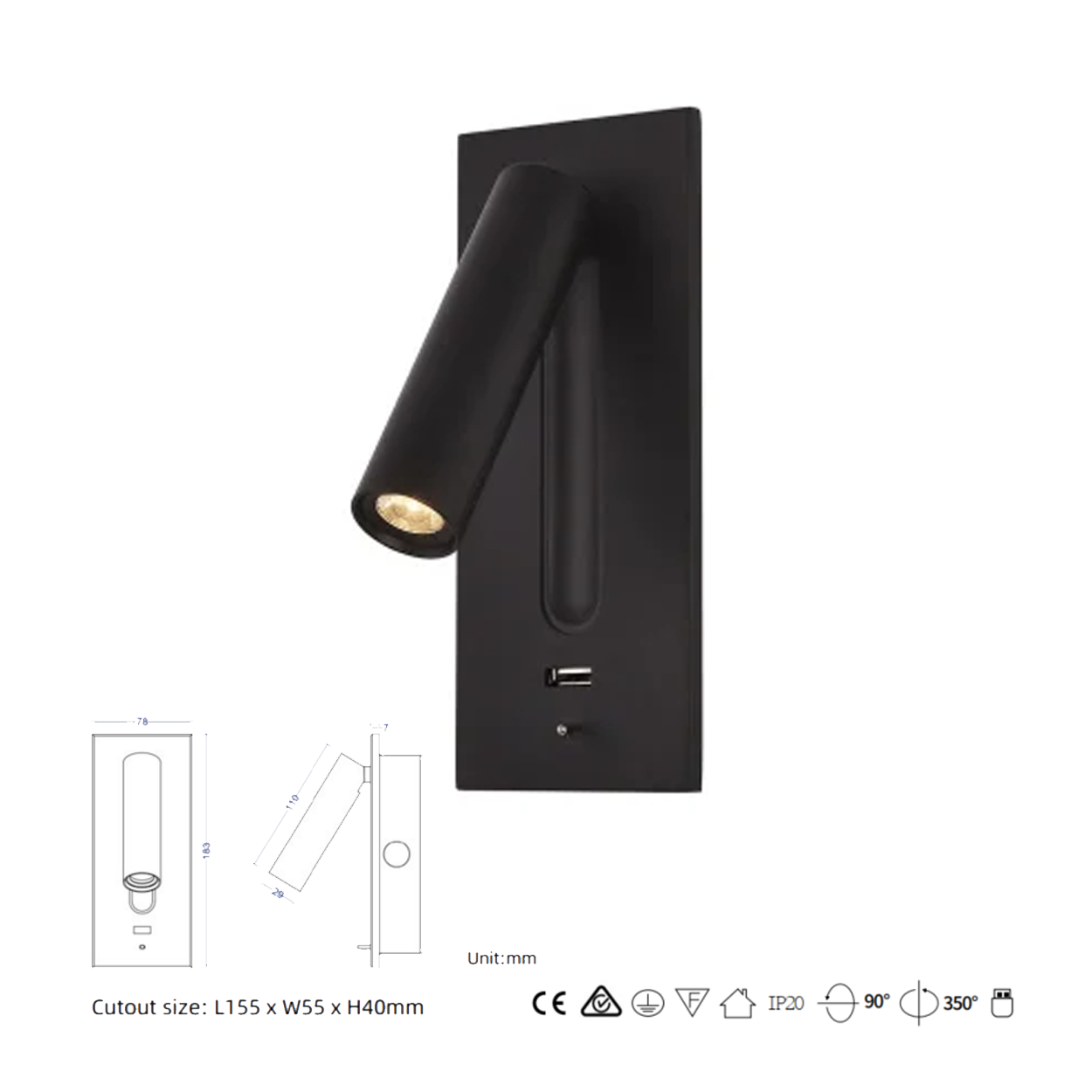 โคมไฟอ่านหนังสือติดผนัง Wall Reading Lamp Metal + Aluminium LED Cree 3W IP20 (KP035)