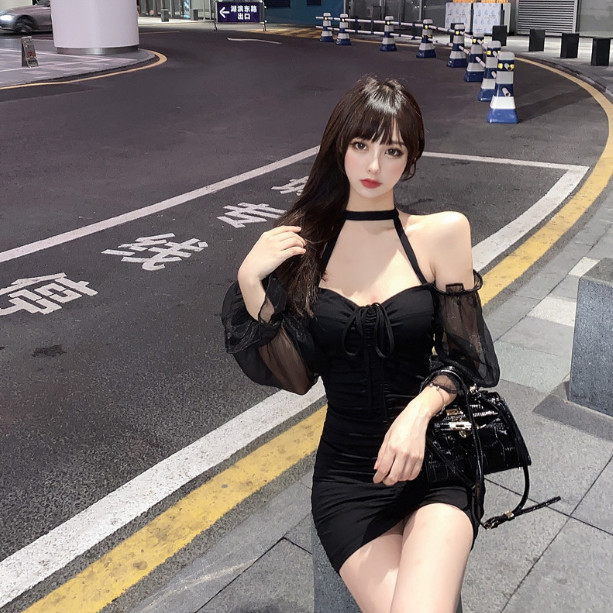 เดรสสั้น ปาดไหล่ สไตล์เกาหลี CN8078 พร้อมส่งในไทย