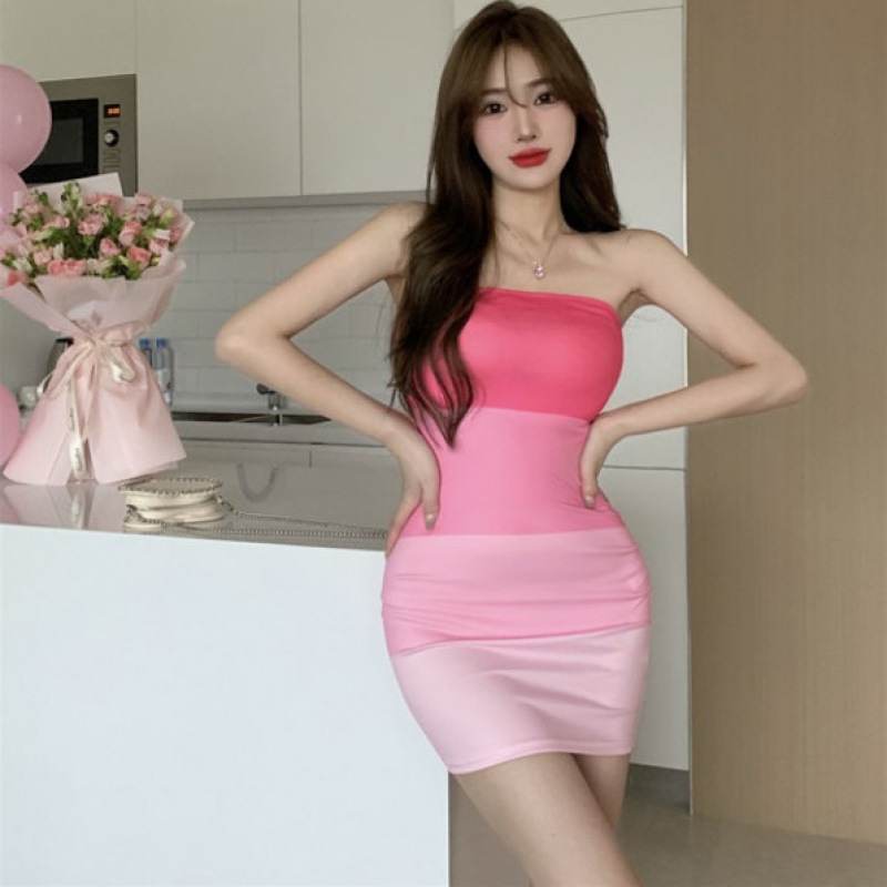 เดรสเกาะอก ทูโทน ชม-ขาว CN8385 พร้อมส่งในไทย