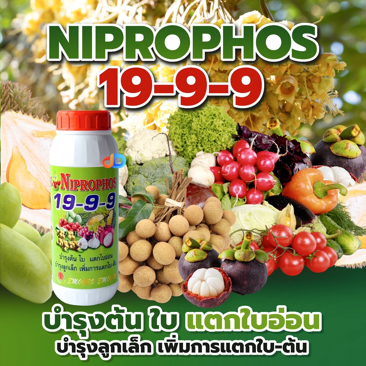ปุ๋ยน้ำ 19-9-9 :1 ลิตร บำรุงต้น ใบ แตกใบอ่อน บำรุงลูกเล็ก เพิ่มการแตกใบ-ต้น