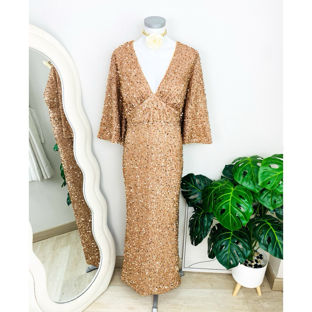 ไซด์ XXL มือ1 แบรนด์ Geffnisty แท้100% 🌸Maxi dress เดรสยาว งานเกล็ดวิบวับ สีโรสโกล ทรงเข้ารูป เดรสออกงาน ชุดปาร์ตี้