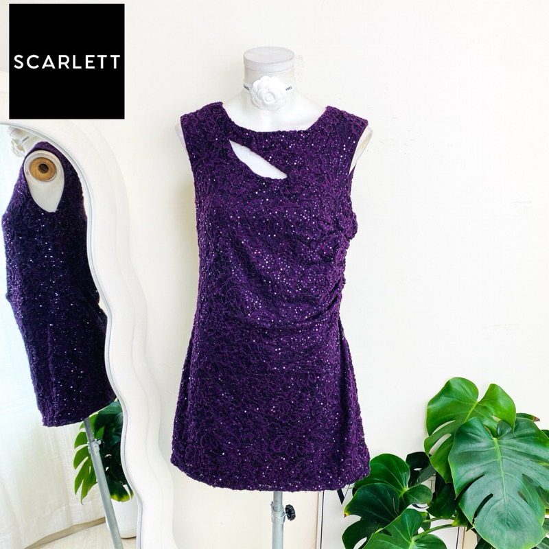 ไซด์ L แบรนด์ Scarlett แท้ 100%🌸มินิเดรส ขยุ้มข้าง งานเกล็ดวิบวับ พรีเมี่ยม สีม่วง เดรสลูกไม้ เดรสใส่ออกงาน พร้อมส่ง