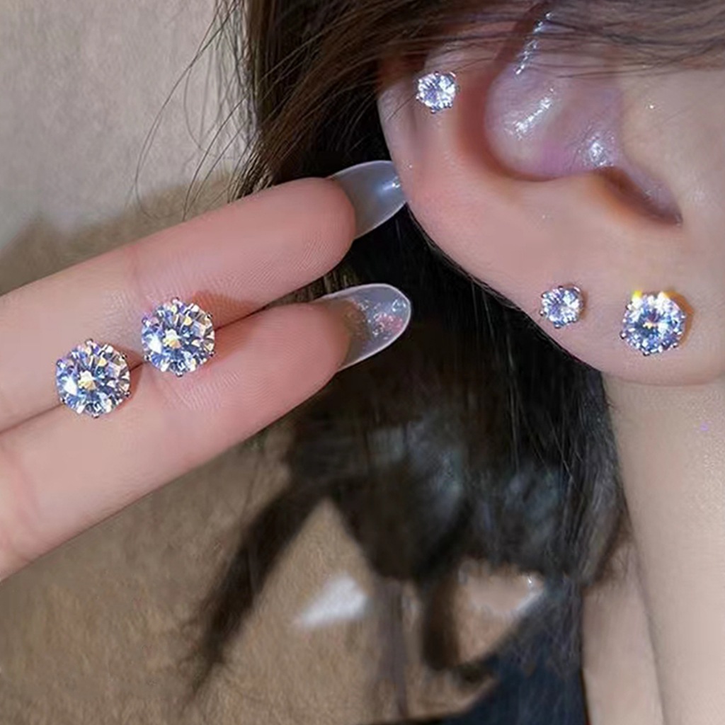 ตุ้มหู เพชร ขนาด 3-6 MM. เงิน 925 สวยหรู แบบเรียบง่าย 1 คู่