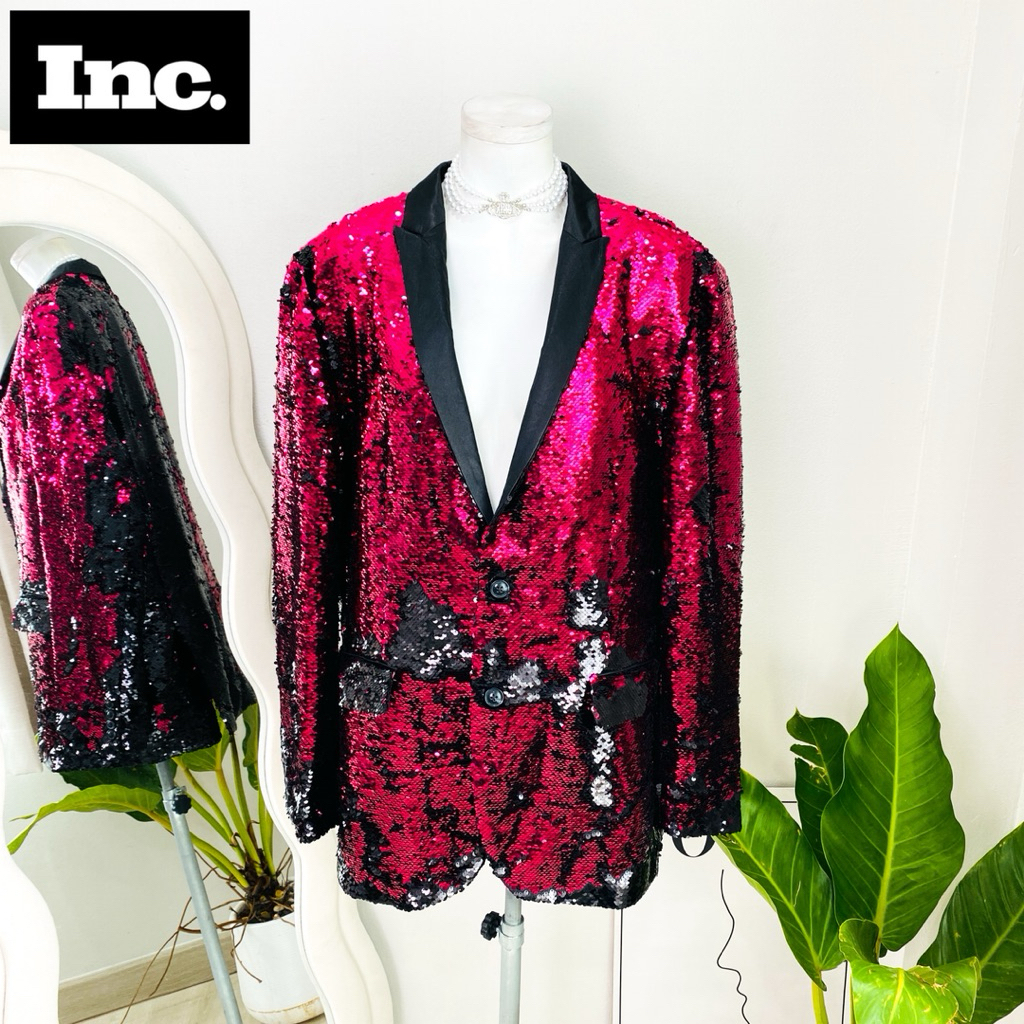 ไซด์ XXL แบรนด์ INC. แท้ 100%🌸สูท เบลเซอร์ งานเกล็ดวิบวับ สีชมพูบานเย็น/ดำ ใส่ออกงาน ทรงเข้ารูป เดรสออกงาน ชุดปาร์ตี้