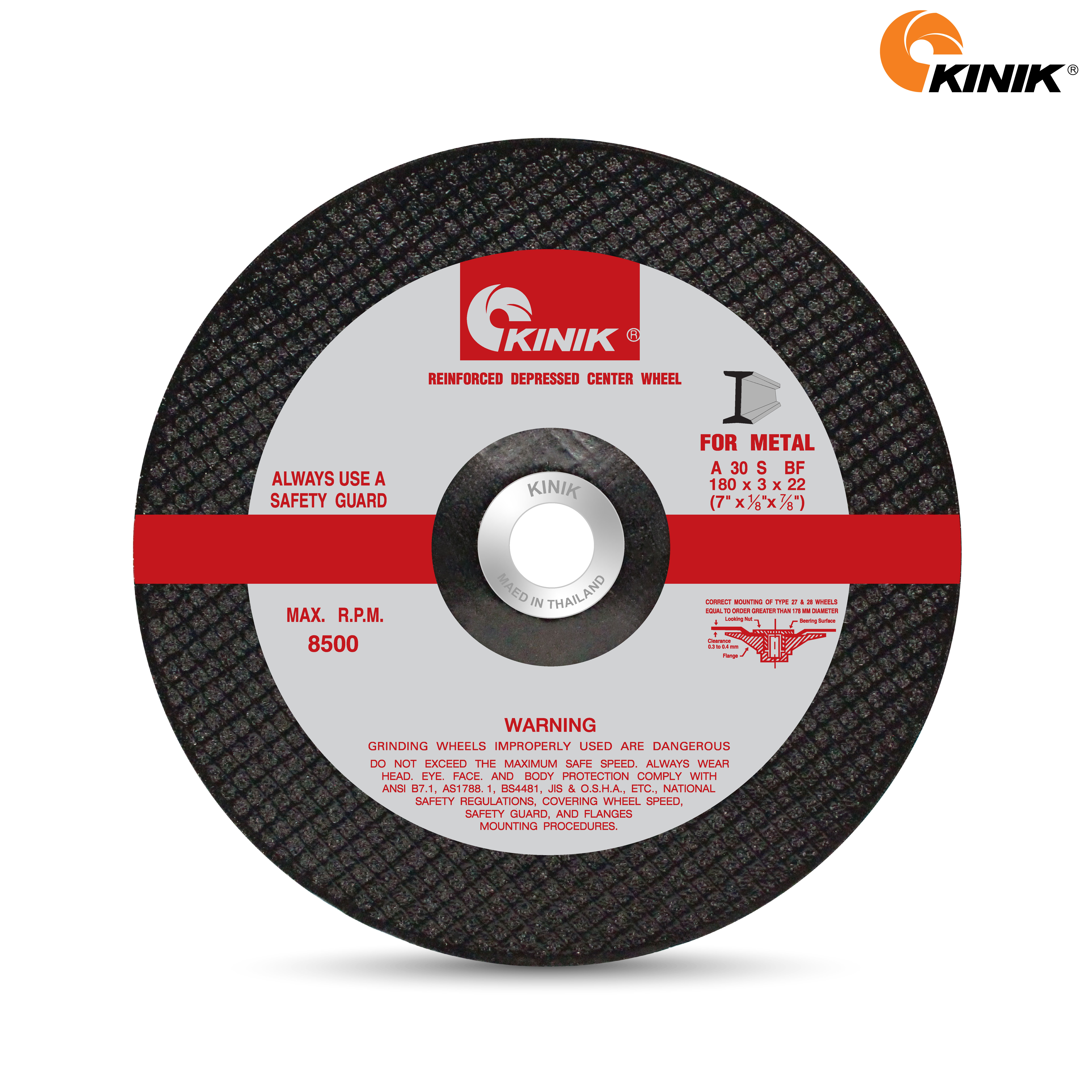 แผ่นตัดเหล็กนูน KINIK A30SBF27 180x3x22 mm.