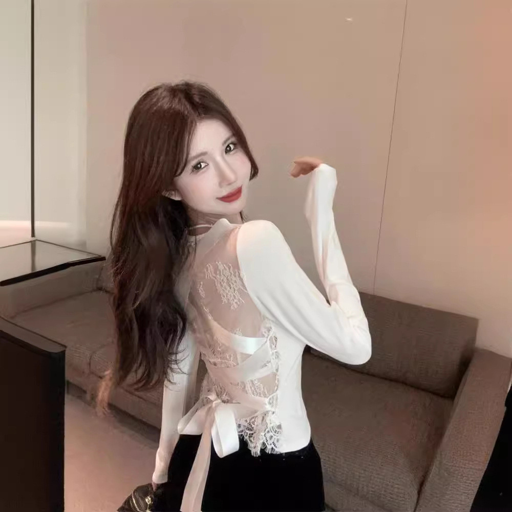 เสื้อแขนยาว ลูกไม้ สีขาว ผูกโบว์หลัง โชว์หลัง CN786