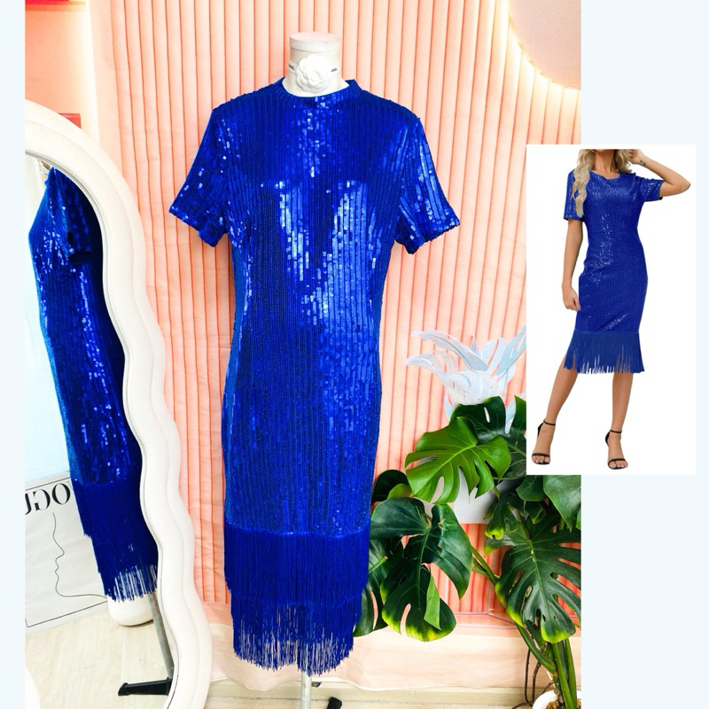 ไซด์ L แกสบี้ เดรส Gatsby แต่งระบาย 2 ชั้น งานเกล็ดวิบวับ สีน้ำเงิน ใส่ออกงาน ชุดราตรีแกสบี้ ชุดปาร์ตี้