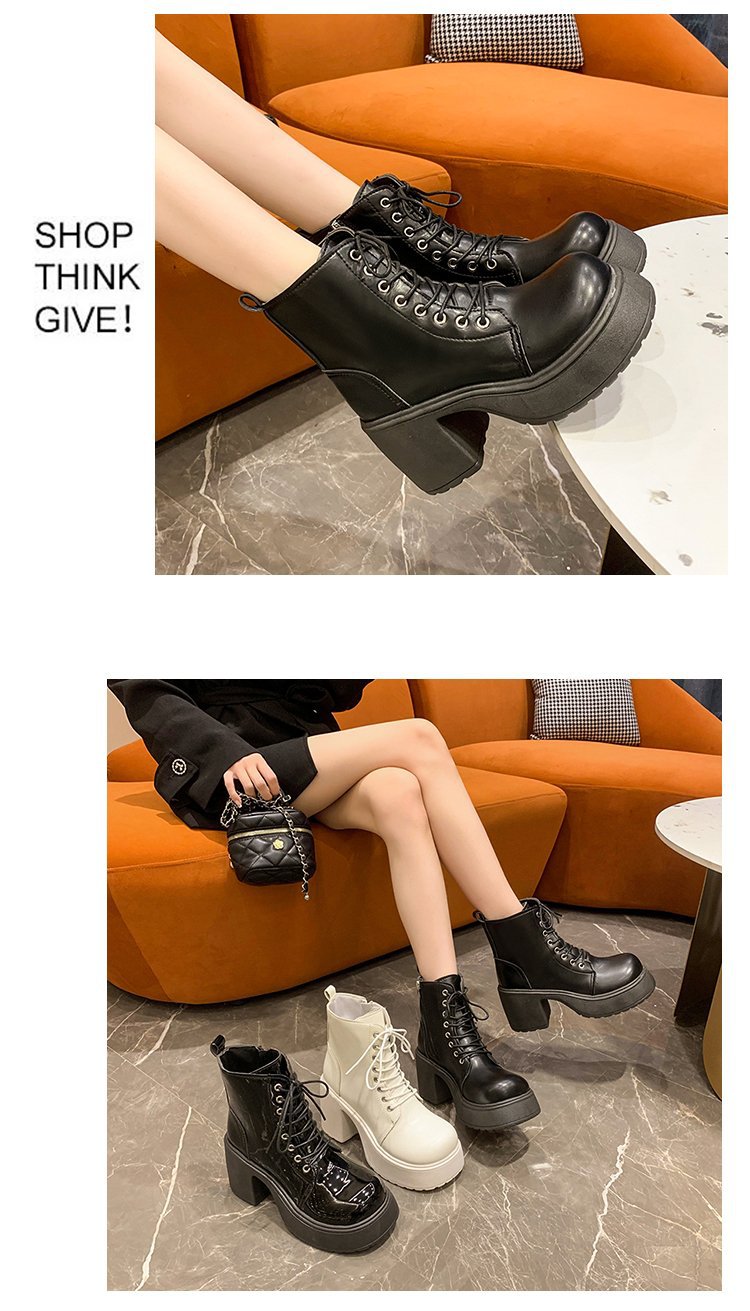 รองเท้าบูท ดำ/เบจ ถักเชื่อก ส้นสูง 3 นิ้ว พร้อมส่งในไทย