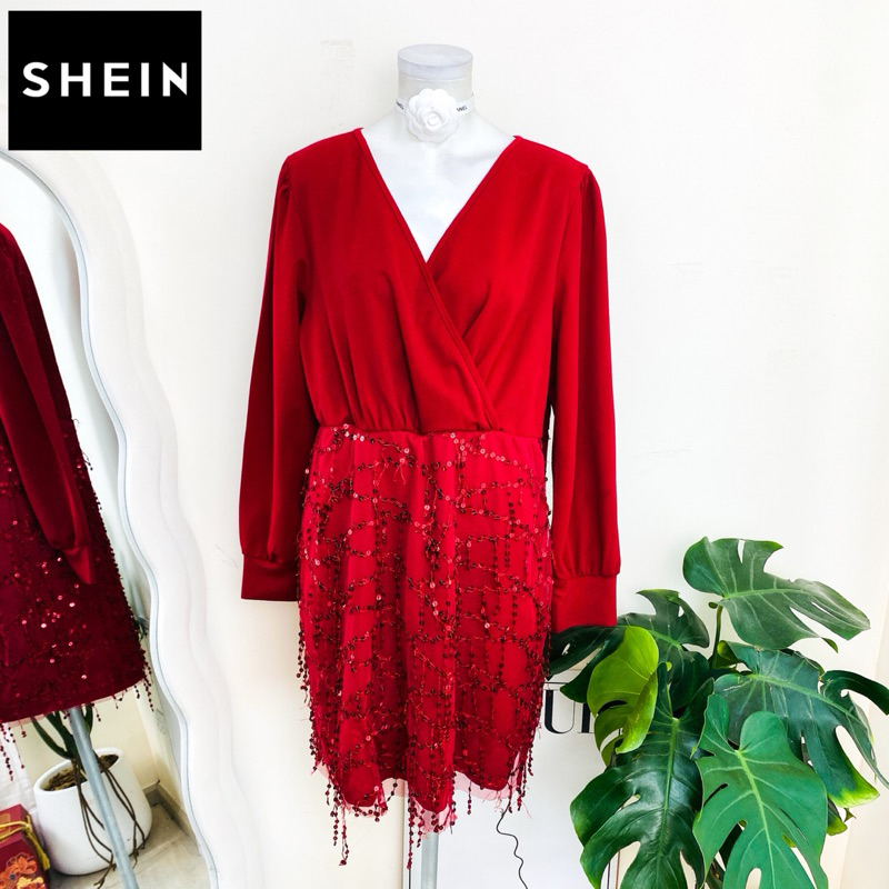 ไซด์ 2XL แบรนด์ shein แท้ 100%🌸เดรส ตุ้งติ้ง งานเกล็ดวิบวับ สีแดงใส่ออกงาน ทรงเข้ารูป เดรสออกงาน ชุดปาร์ตี้(22)