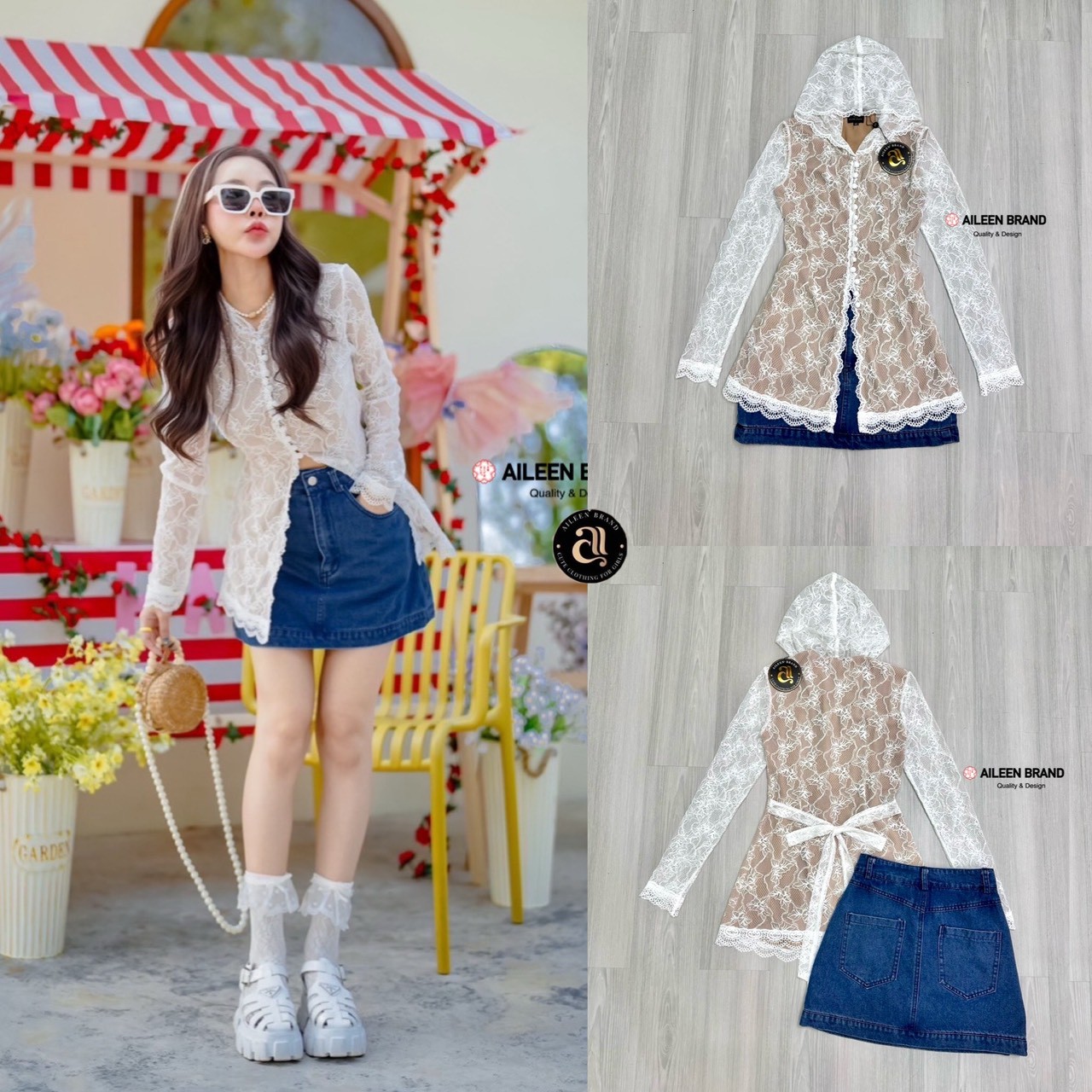 ⭐ S ⭐ Aileen set 2 ชิ้น เสื้อลูกไม้ซีทรูแขนยาวผ้าลูกไม้นิ่มมีฮู้ดด้านหลัง+กระโปรงยีนส์สั้น