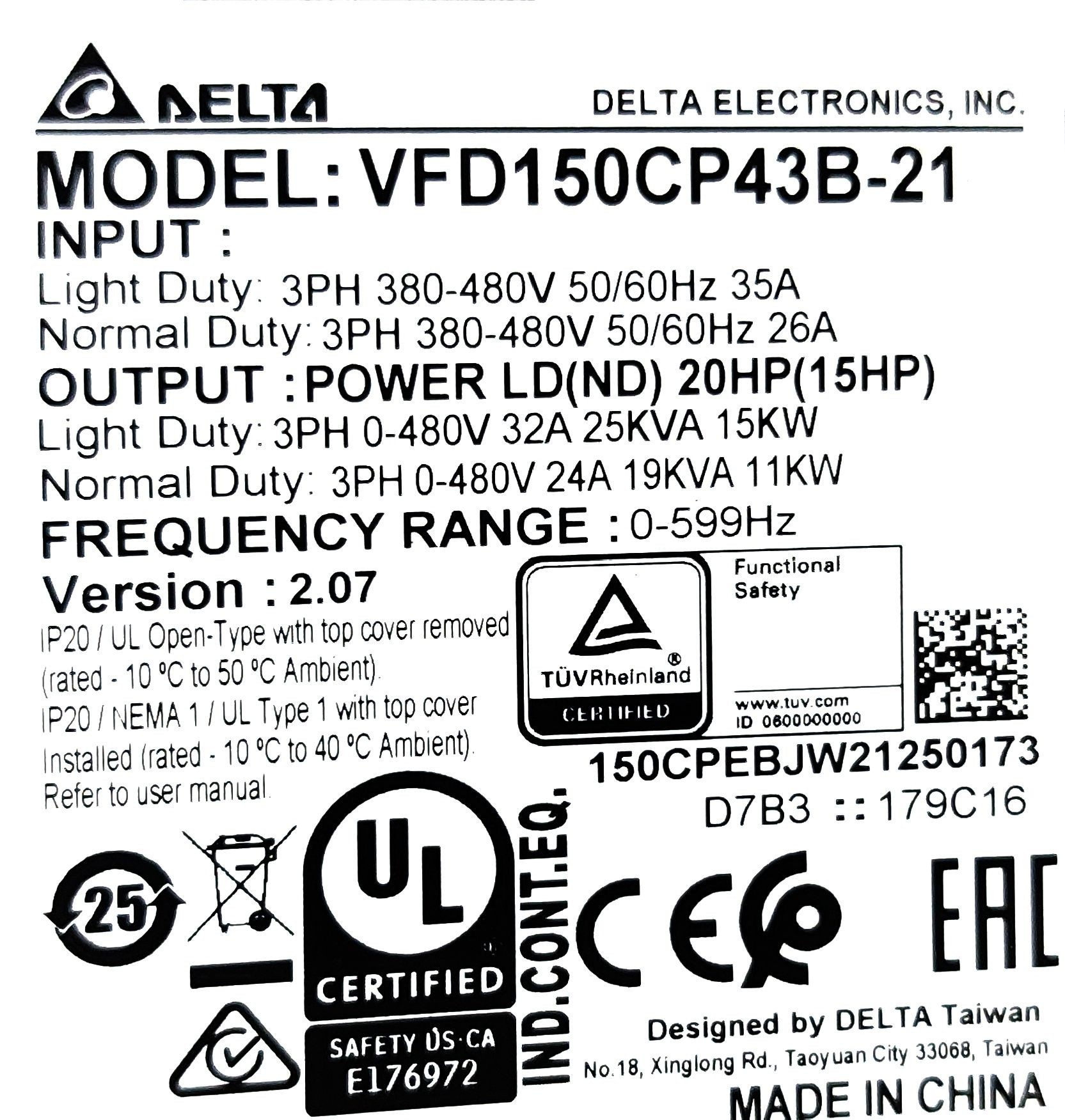 Delta Inverter CP2000. Model VFD150CP43B-21