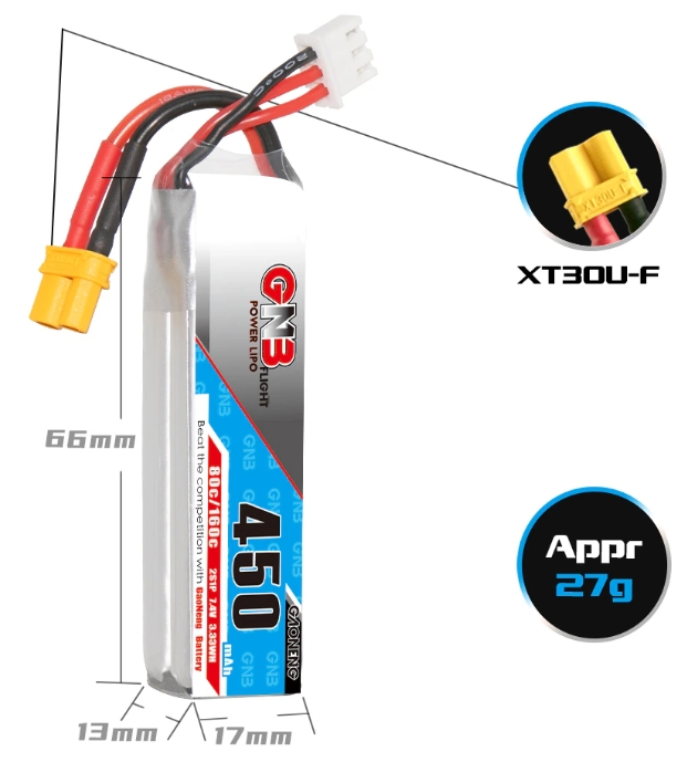 GNB 2S 450MAH 7.4V 80C XT30 Lipo Battery สำหรับใส่ RC เครื่องบิน โดรน และ อื่นๆทั่วไป