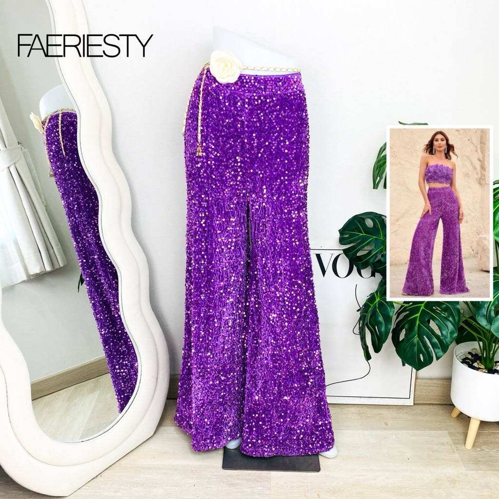 ไซด์ L แบรนด์ Faeriesty แท้ 100%🌸กางเกง ผ้ากำมะหยี่ Luxury เอวสูง งานเกล็ดวิบวับ สีม่วงบาร์บี้ ใส่ออกงาน ชุดปาร์ตี้