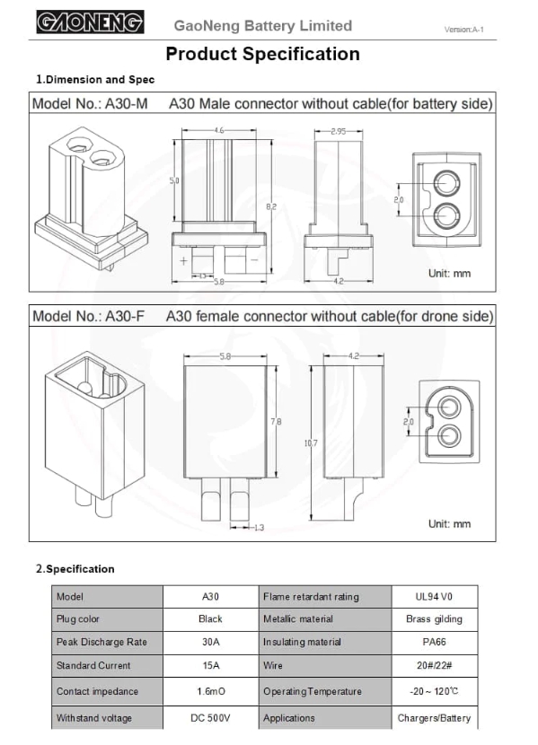 GNB A30 FPV BATTERY CONNECTOR 5 PACK ปลั๊กสำหรับแบต 1เซล ใช้ร่วมกับ BT2.0 ได้ 1ชุด 5คู่